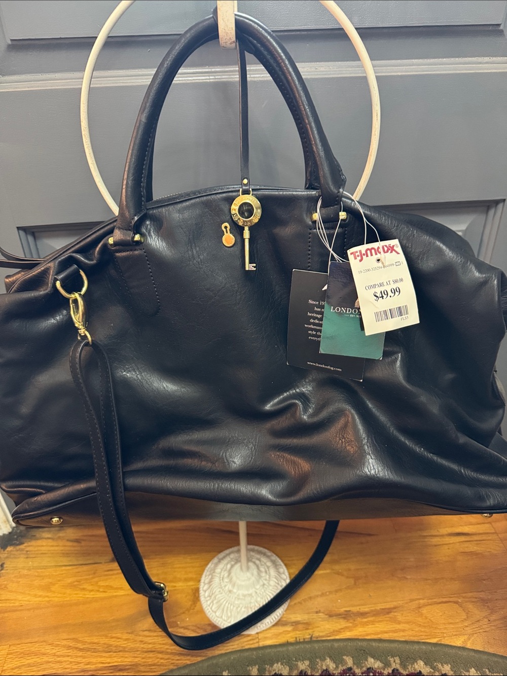 London Fog Black Leather Tote with Gold Key Charm